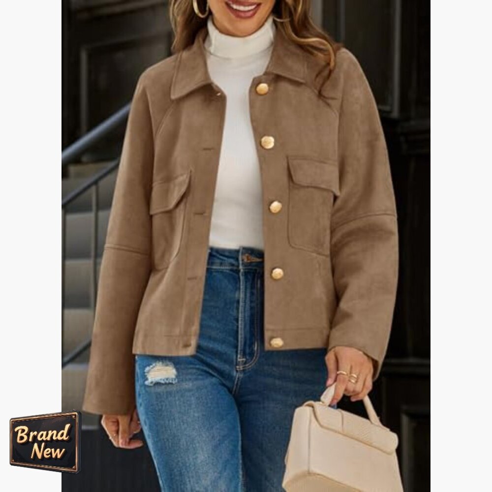 Oversized Cropped Faux Suede Leather Jacket Lapel Collar Button Down - Picture 5 of 7